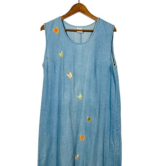 Vintage Chambray EMbroidered Butterfly Dress Modest Ankle - L - Picture 2 of 5